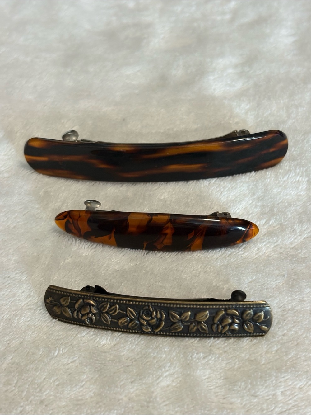 Faux Tortoiseshell & Brass Floral French Hair clip Barrette lot of three